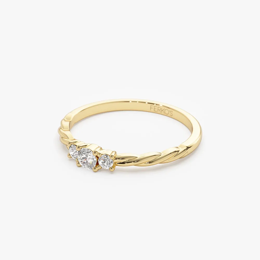 14k Gold Three Stone Dainty Diamond Twisted Ring