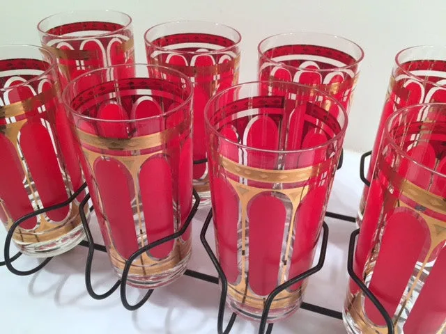 Fred Press Signed Mid-Century Red Stripes & 22-Karat Gold Crown Highball Glasses with Carrier (8 Glasses and Carrier)